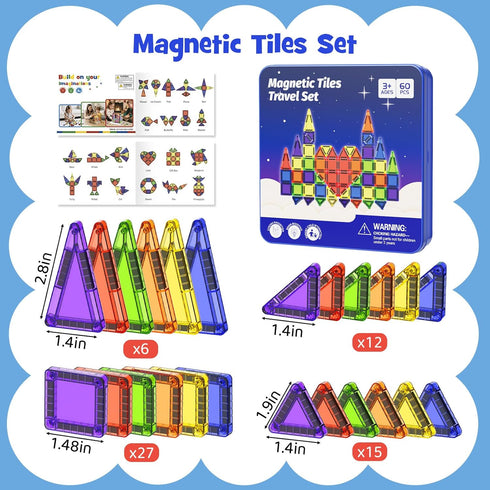 3-8, 60pcs Mini Magnetic Tiles Travel Kit for Kids Ages Portable Magnetic Building Blocks with Visual Storage Guide