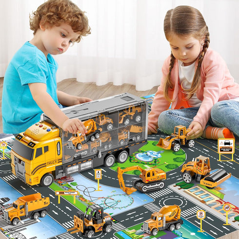 TEMI Construction Truck Toy Set with Play Mat, Die-Cast Metal Toy Car Set for Kids Age 3-6