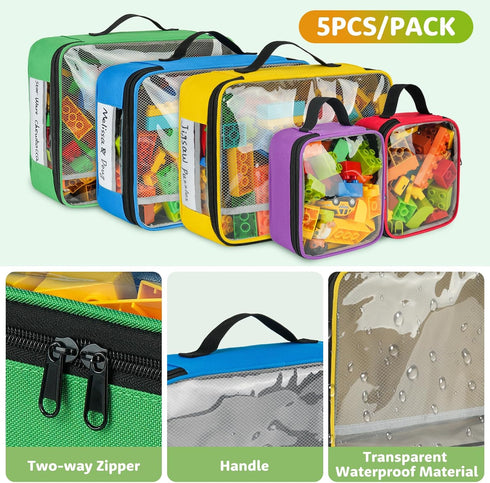 Toy Storage Bags for Lego Bricks, 5 Pcs Travel Organizers for Kids Building Blocks, Toy Car, Puzzles with Mesh Pocket