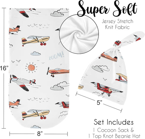 Set Set Sweet Jojo Designs Vintage Airplane Boy Baby Cocoon Swaddle and Beanie Newborn Jersey Infant Wearable Blanket