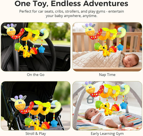 0-6-12 Carseat Toys Hanging for Babies Months, Crib Toy Hanging Plush Spiral Car Seat Toy, with Rattle, Teether