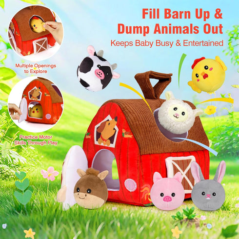 6-12 1-3 Baby Toys Months: Plush Surprise Barn with Stuffed Farm Animals, Rattle, Crinkle Paper, Mirror, Busy