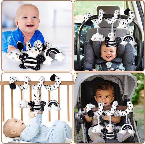Car Seat Toys - Infant Baby Spiral Activity Hanging Toys for Stroller & Crib with BB Squeaker and Rattles (Bee)