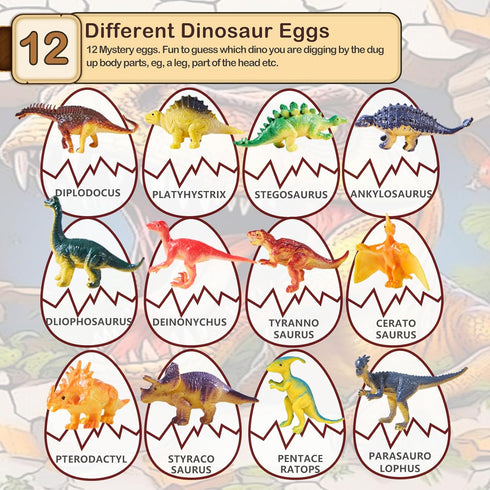 12 5-7 3 4 5 6 7 8 8-13 Dino Fossil Eggs Dinosaur Toys - Dinosaur Eggs Dig Excavation Kit w Play Mat for Kids Ages