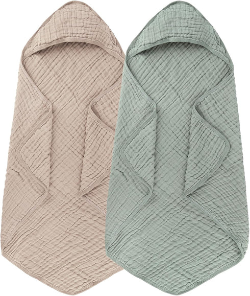 Synrroe 2 Pack Hooded Muslin Cotton Baby Towels (Green/Brown), 32 by 32