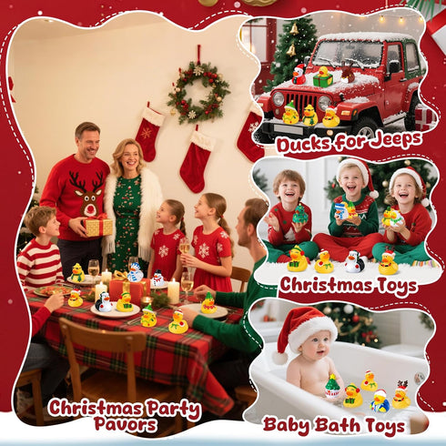 24 Pcs Christmas Rubber Ducks with a Bag, Christmas Stocking Stuffers for Kids, Santa Duckies for Xmas Party Favors