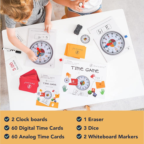 OWLCONIC Learning Time Game, 128 Piece Teaching Aid for Kids to Learn Analog and Digital Time, Educational Resource Toy