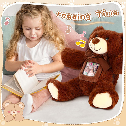 14 Inch Remembrance Bear Plush Stuffed Animal with Recorder, Soft Doll Toy with Picture Frame (Dark Brown)