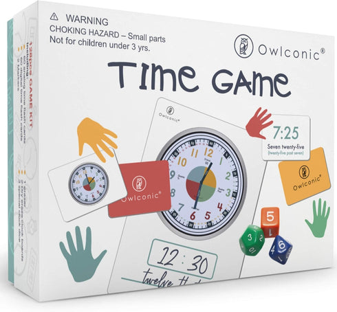 OWLCONIC Learning Time Game, 128 Piece Teaching Aid for Kids to Learn Analog and Digital Time, Educational Resource Toy