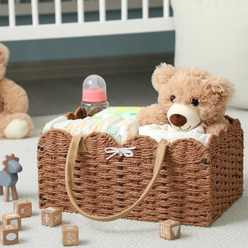 CroBlissful Large Wicker Diaper Caddy Organizer - Woven Paper Rope Storage Baskets Diapers Nursery Bin with Removable