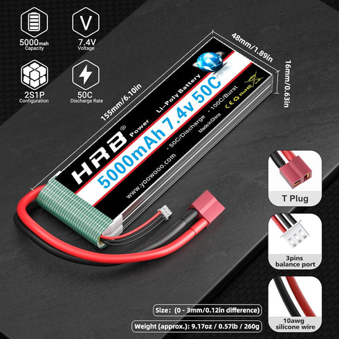 HRB POWER 7.4V 5000mAh 50C 2S HRB Lipo Battery Compatible with RC Car RC Plane RC Truck RC Boat