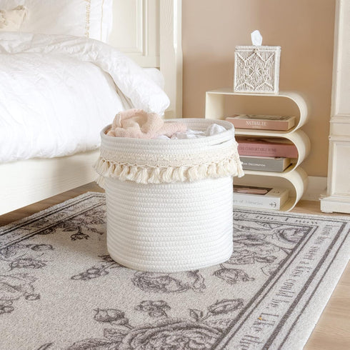 Closet 15"x14" Mkono Macrame Decorative Cotton Rope Basket Boho Nursery Decor Cute Woven Tassel Storage Bins Organizer
