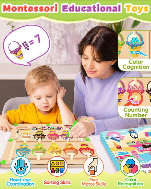 Kidific 2 3 4 2-4 Magnetic Color and Number Maze, Montessori Toys for Year Old, Wooden Color Matching Puzzle Board