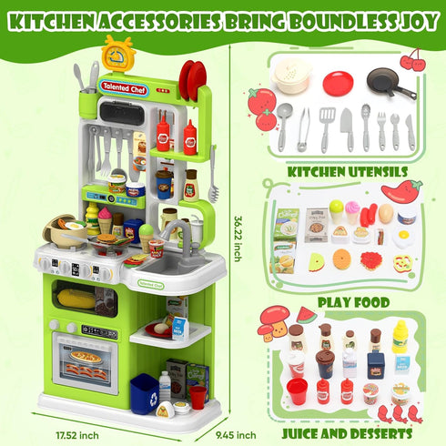 Playset, 36.22'' 1-3 Set 3 4 5 DRAMATION Kids Kitchen Play Kitchen for Toddlers with Steam, Sound & Light, Cooking