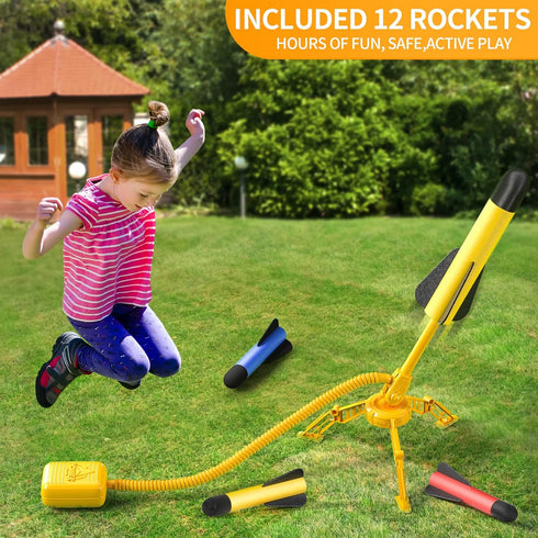 TEMI Rocket Launcher for Kids, 12 Foam Rockets and Launcher Pad, Outdoor Toys for Kids 3-6 Years Old