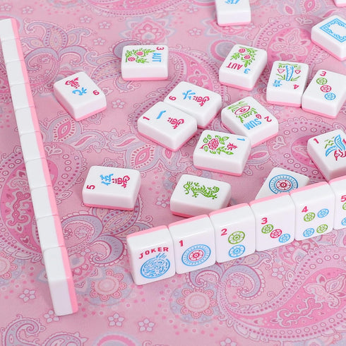 (31.5 inches) Pink Mahjong Mat, Mahjong Table Mat with Prints & Extra Dice, for Poker, Card, Mahjong, Dominoes Games