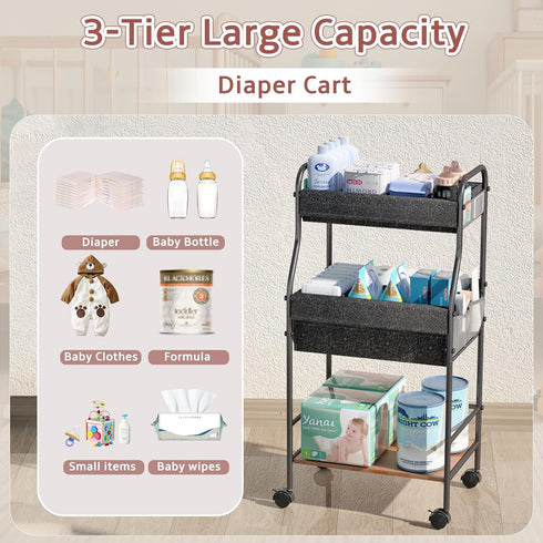 3-Tier 3+2 31" Rolling Baby Diaper Caddy Cart with Dividers & Locking Wheels, H Large Capacity Metal Frame Baby Storage