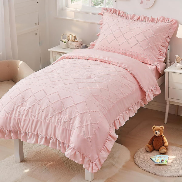 4 Piece Boho Tufted Toddler Bedding Set for Girls Pink Ruffle Crib