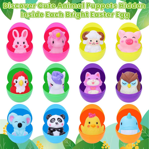12 Pack Prefilled Easter Eggs With Toys, Mini Animal Finger Puppets Easter Egg Fillers, Easter Basket Stuffers for Kids