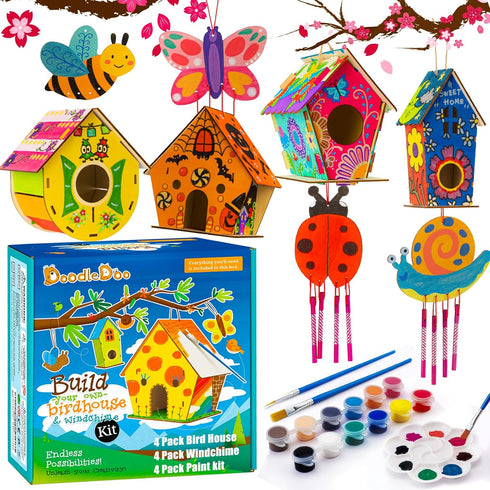 DoodleDoo 8 Pack Bird House & Wind Chime Kits, Buildable Birdhouse DIY