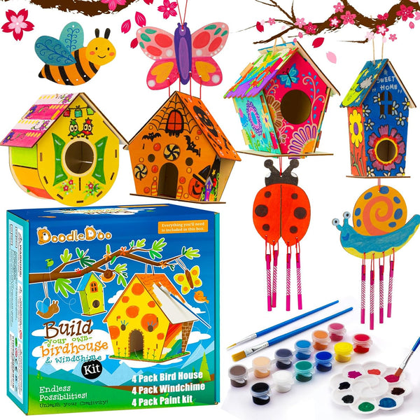 DoodleDoo 8 Pack Bird House & Wind Chime Kits, Buildable Birdhouse DIY