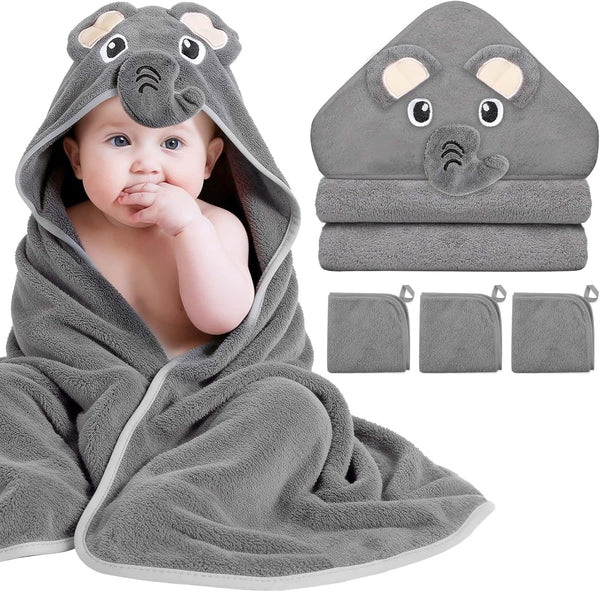 Flasoo 4 Pcs Baby Towels and Washcloths Set, 1 Pcs Animal Hooded