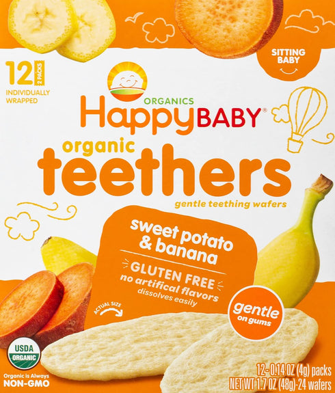 Happy Baby Organic Teethers - Banana and Sweet Potato Gentle Teething Wafers, 2 Count per pack, 12 Count per box