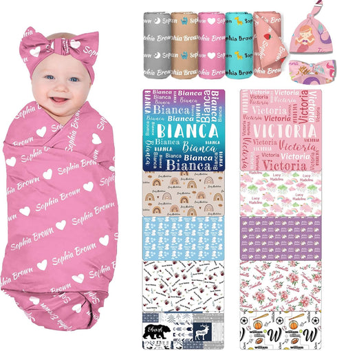 MilSall Personalized Swaddle Blanket Set With Hat and Bow Headband - Custom Newborn
