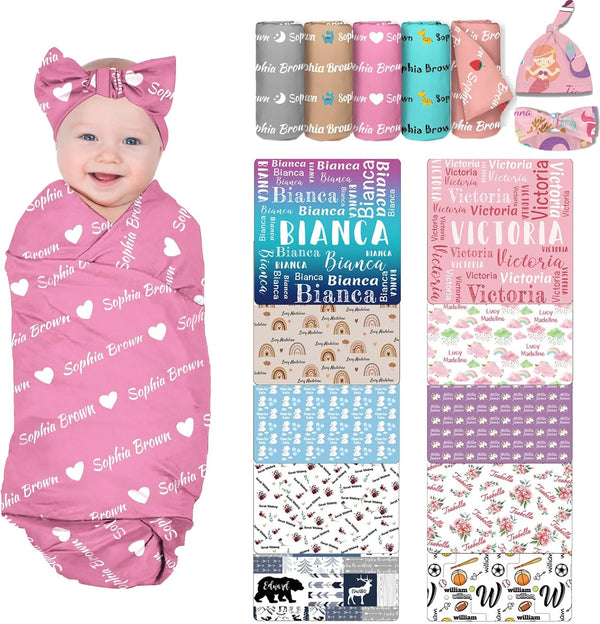 MilSall Personalized Swaddle Blanket Set With Hat and Bow Headband - Custom Newborn