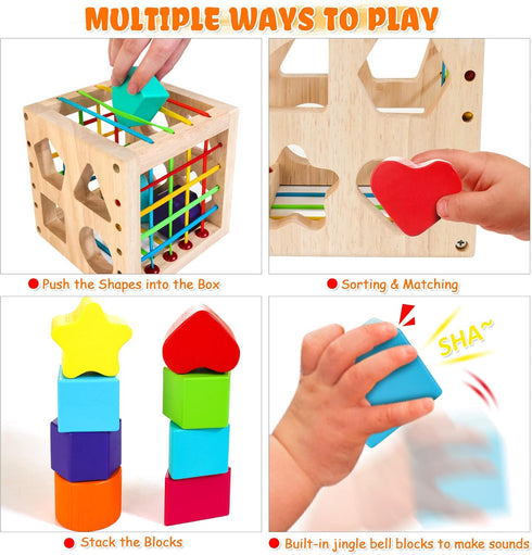 1+ 8pcs Packaging HELLOWOOD Montessori Toys for Year Old, Wooden Sorter Cube with Rattling Shapes, Developmental