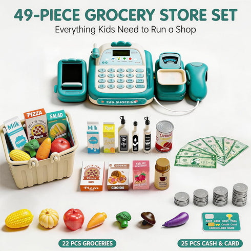 STACTCUTE 49Pcs Set Playset 3-8 Cash Register Toy for Kids, Pretend Play Grocery Store Cashier with Conveyor Belt