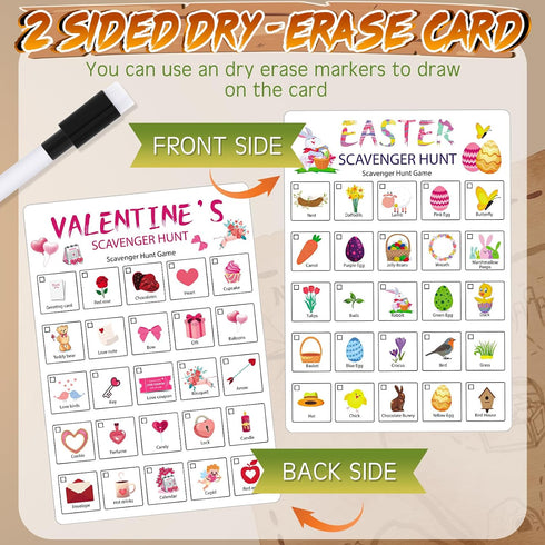 Hoolerry 12 Pcs Scavenger Hunt Game for Kids and Family - 24 Themed Cards with Dry Erase Marker for Outdoor Fun