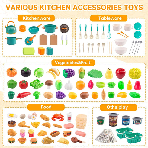 Zero Zoo 240Pcs Set Kids Mini Play Kitchen Accessories, Play Pans, Pots, Cookware with Desserts, Cuttable Veggies & BBQ