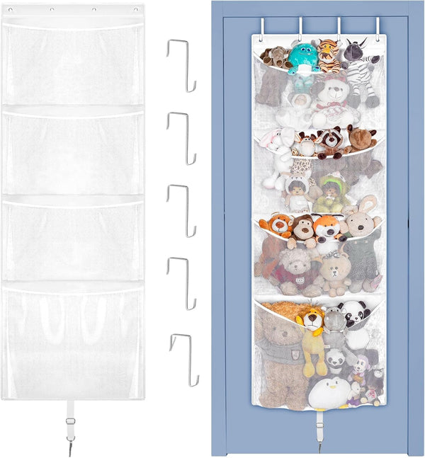 Hanging Stuffed Animal Storage, Over Door Large Plush Toy Organizer with Metal Hook, Baby Accessory Holder for Nursery