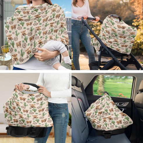ZDCUSTOM Nursing Carseat Canopy Pillowcase Breastfeeding Cover for Infant Girl & Boy, Highland Cow Cactus Stretchy Car