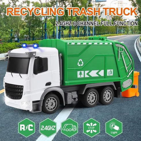 2.4Ghz Remote Control Garbage Truck Toys for Boys with Trash Bin Real Lights 1/24 Scale Recycling Truck