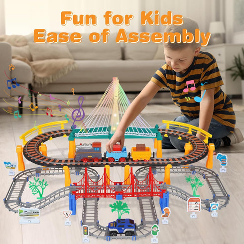 Set 5-8, 2 1 100+ 3 4 5 6 7 8+ Electric Train for Kids Ages in DIY Tracks Toy Dual-Layer Tracks with Light-Up Bridge