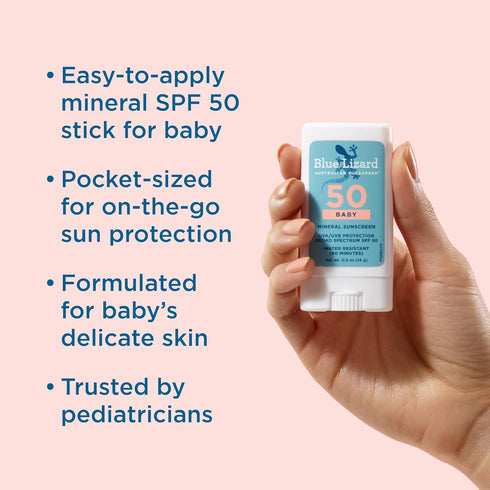50+, .5 oz Blue Lizard BABY Mineral Sunscreen Stick with Zinc Oxide, SPF Water Resistant, UVA/UVB Protection - Easy