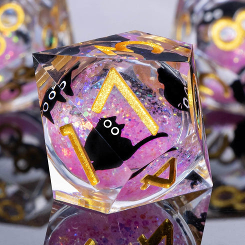 Set 7Pcs D20 D12 D10 D8 D6 D4, Roycevon Resin DND Dice with Gift Box, Liquid Core Cat D&D Dice, Cute Dungeons Dragons D