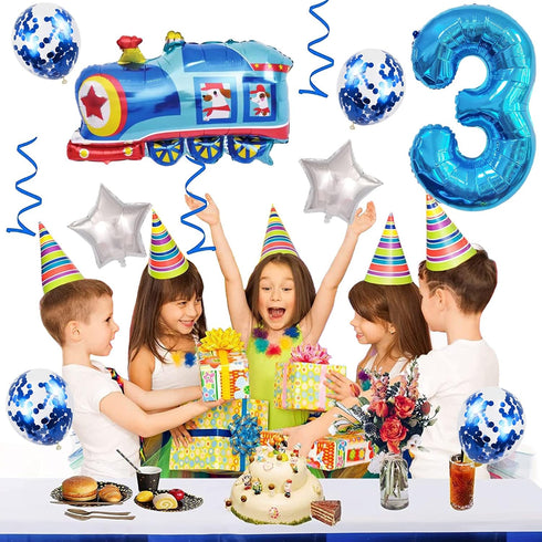 Weenkeey 3rd 3 Birthday Train Balloons - Giant Aluminum Foil Balloon Number Mylar for Railroad Party - Blue