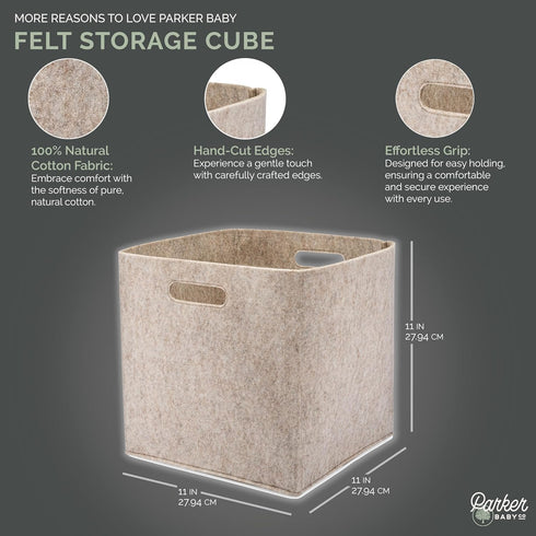 Parker Baby Felt Foldable Storage Cube Bin - 11 Inch Nursery Cubby Storage Bin Cubes for Cube Organizer, Closet Organizers and Storage Toy Bin, Rope Baskets Bins for Toy’s Storage - Oatmeal