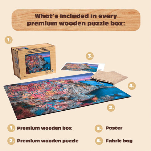 500 14 Buffalo Games - Piece Wooden Jigsaw Puzzle - Cinque Terre - Unique Cut Pieces - Wooden Box - Full Size Poster