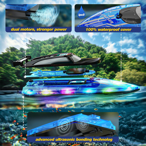 2.4Ghz 8-12,Toy JOI MEW RC Boat for Kids with LED Lights, Remote Control Racing Boats for Ages Water Boat for Pools