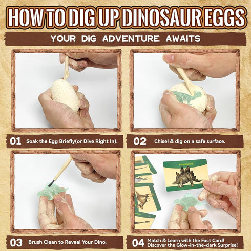 VICHTOP 12Pack 3 4 5 6 7 8 Dinosaur Egg Excavation Dig Kit for Kids - Easter Basket Stuffers, Glow in The Dark Dino