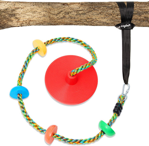 Jungle Gym Kingdom Kids Tree Swing - Red Single Disc Seat with Rainbow Climbing Rope Set, Carabiner, 4 Foot Strap