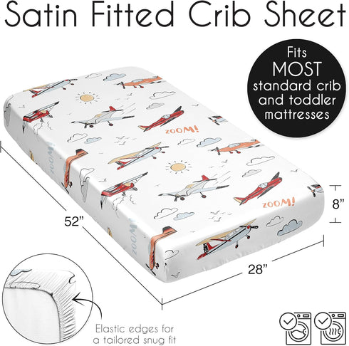 Sweet Jojo Designs Vintage Airplane Boy Baby Satin Fitted Crib Sheet Infant Newborn Nursery Toddler Bed Room Standard