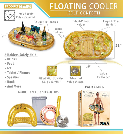 POZA 8 39x23 Inches Inflatable Gold Floating Cooler - Luxurious Drink Holder Filled with Sparkly Confetti, Premium