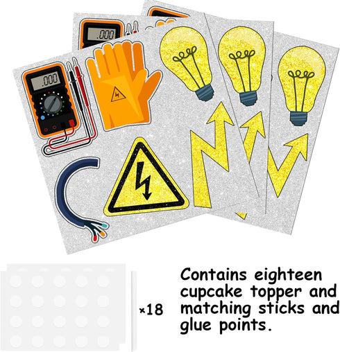 18pcs Gold Glitter Tools, Dessert Cupcake Topper Power Electrician Lineman Theme Decor for Birthday Party