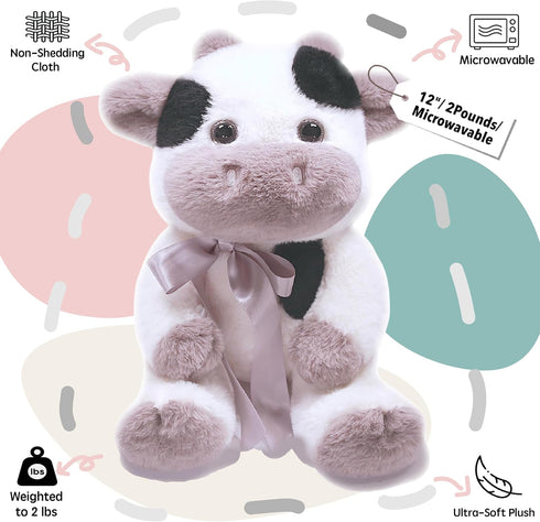 uoozii Warmable Cow Stuffed Animal - Microwavable 12" | 2 Pounds Unscented Weighted Stuffed Animals Non-Shedding Cow Plush Coolable & Heatable Warm Gifts for Kids & Adults