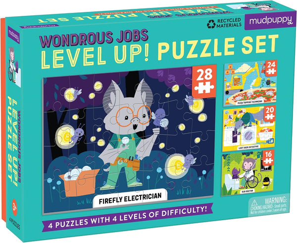 Wondrous Jobs Level Up! Puzzle Set from Mudpuppy, Includes 4 Jigsaw Puzzles with 16 – 28 Pieces, Features Whimsical Jobs Such as Firefly Electrician and Pizza Topping Technician, Perfect for Ages 3+